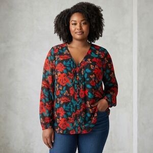 Torrid Womens Blouse Size 0 Floral Pintuck V-Neck Long Sleeve Black Red Teal